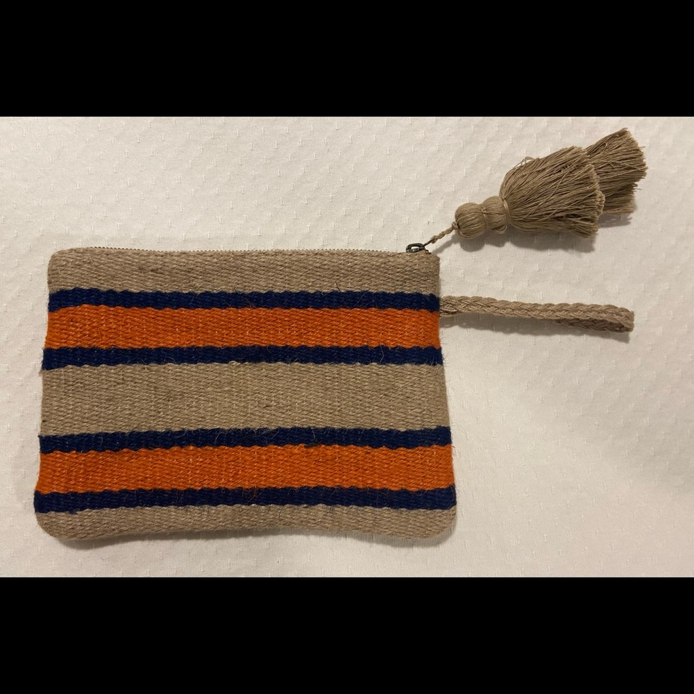 J.Jill Clutch Woven Jute Wristlet Purse Tan/Navy/Orange stripes with handle.